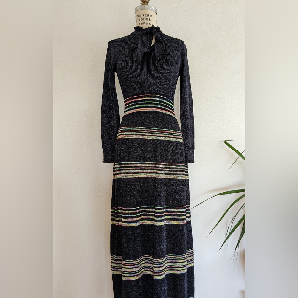 Vintage 1970s Wenjilli Lurex Knit Midi Dress with Stripes XS Stretchy RARE FIND!